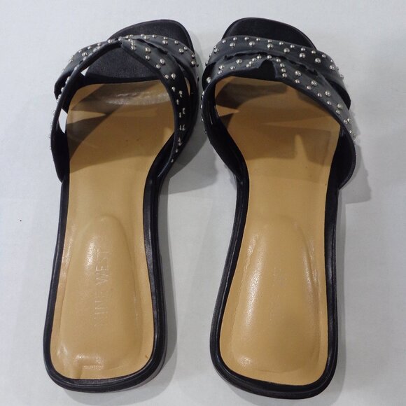 Nine West Womens‎ Sandals Faux Leather Slides Slip on Black Flat Studs Size 9.5M - Picture 4 of 7